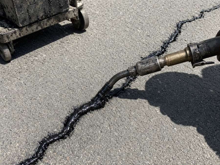 Hot-pour rubberized sealant filling a crack — asphalt paving in Riverside, CA