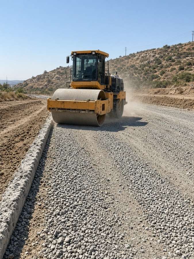 Roller compacting aggregate base on a stripped driveway — asphalt paving in Riverside, CA