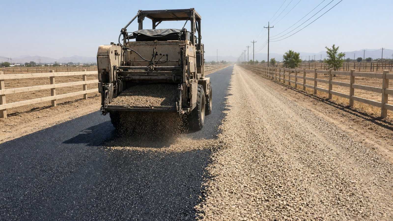 Chip seal aggregate being spread on a long rural driveway — asphalt paving in Riverside, CA