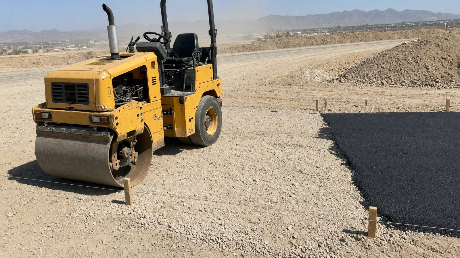 Roller compacting aggregate base before asphalt is laid — asphalt paving in Riverside, CA